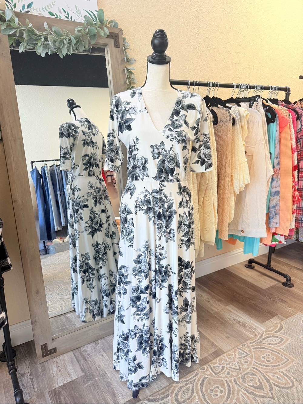 Agnes & Dora White Maxi Dress with Black Rose Print